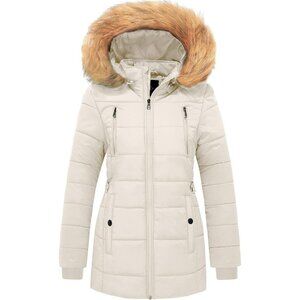 Women's Thicken Beige Quilted Puffer Jacket Coat Winter Warm Removable Hood